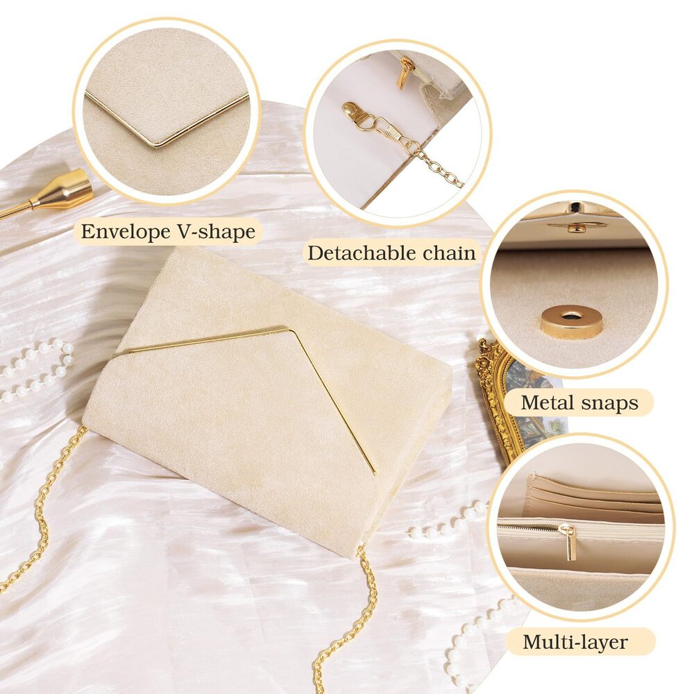 7805 Suede Clutch Purse , Elegant Apricot Envelope Evening Handbags & Chain - Picture 4 of 7
